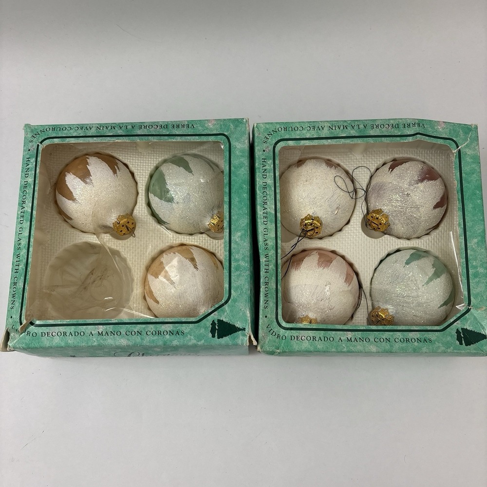 Vintage Christmas By KREBS Glass Ornaments Hand Painted Glitter (7) Round Balls